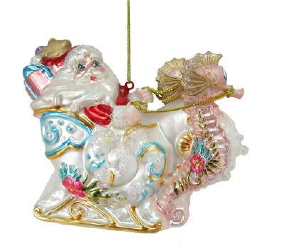 Santa Riding Shell Sleigh With Seahorses Glass Ornament