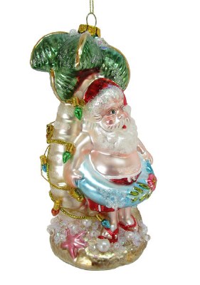 Santa With Palm Tree and Lights Glass Ornament