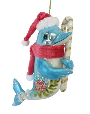 Dolphin With Candy Cane Glass Ornament