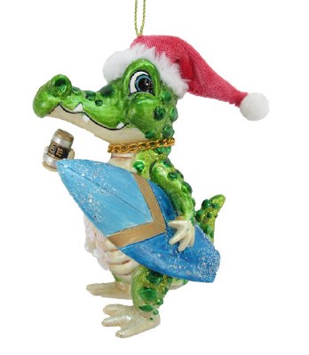 Gator Carrying a Surfboard Glass Ornament