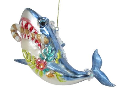 Shark With Candy Cane Glass Ornament