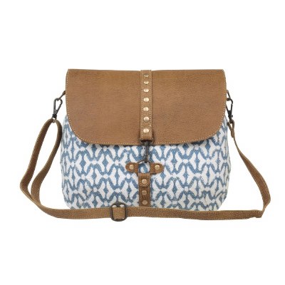 14" Blue and White With Light Brown Canvas and Leather Trim Balance Shoulder Bag