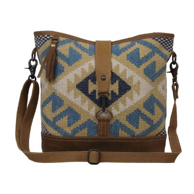 15" Blue and Khaki With Light Brown Canvas and Leather Ocean Roar Shoulder Bag