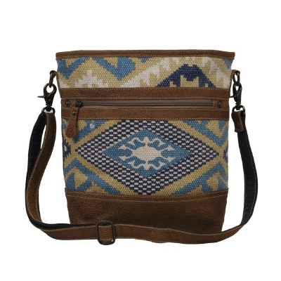 14" Indigo and Khaki Tribal Pattern With Brown Canvas and Leather Craft Shoulder Bag