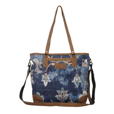 18" Dark Blue and White With Brown Canvas and Leather Accents Convex Shoulder Bag