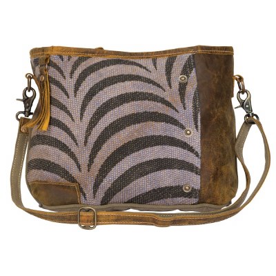 15" Black and White Zebra Print With Light Brown Canvas and Leather Striped Shoulder Bag