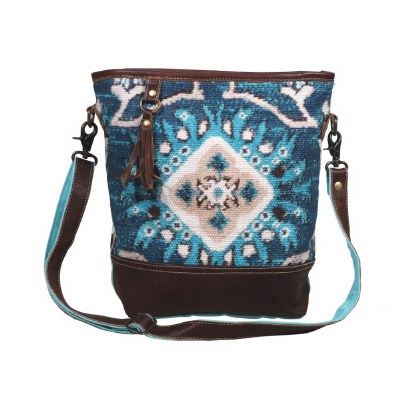 14" Blue, Aqua, and Tan With Brown Canvas and Leather Spirited Shoulder Bag