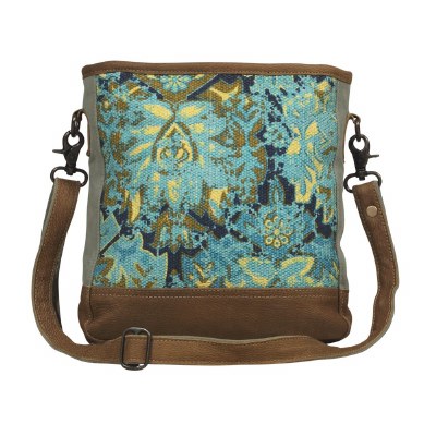 12" Aqua, Navy and Yellow Trail Canvas and Leather Shoulder Bag