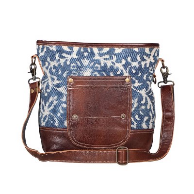 16" Blue and White With Brown Leather Bliss Canvas and Leather Shoulder Bag