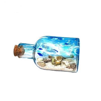 5" Blue Glass Sand and Shells Beach Bottle With Message
