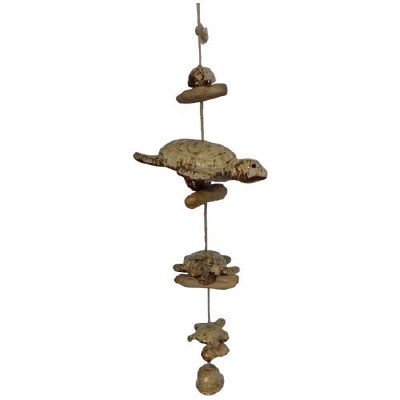 31" Light Brown Ceramic and Wood Triple Turtle and Shells Drop With Bell
