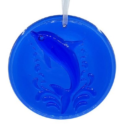 4" Round Cobalt Blue Glass Dolphin Suncatcher