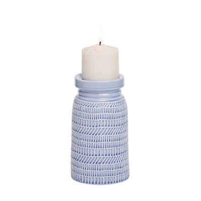 8" Light Blue Ceramic Textured Pillar Candleholder