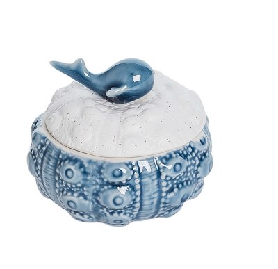 3" Round Blue and White Ceramic Sea Urchin Box With Whale Lid