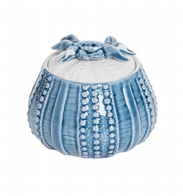 4" Round Blue and White Ceramic Sea Urchin Box With Crab Lid