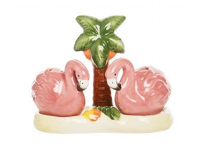 4" Pink Flamingos Salt & Pepper Shakers With Palm Tree Tray