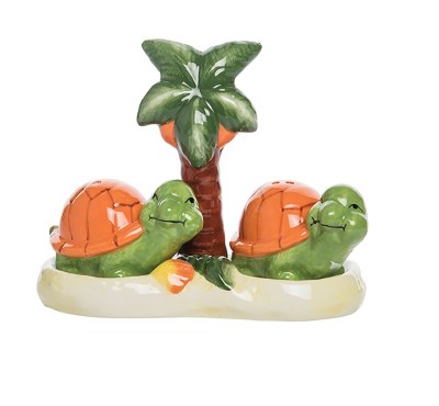 4" Multicolor Turtles Salt & Pepper Shakers With Palm Tree Tray