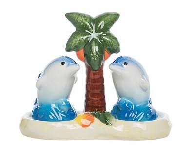 4" Multicolor Dolphins Salt & Pepper Shakers With Palm Tree Tray