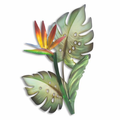 20" Bird of Paradise With Green Monstera Foliage Tropical Metal Wall Art Plaque