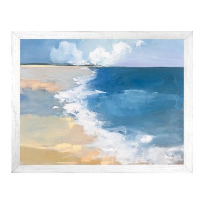 40" x 52: Blue Water Lonely Beach Gel Print With White Frame