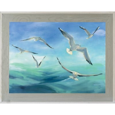 30" x 42" Seagulls Flying Over Water Gel Print With Graywashed Frame