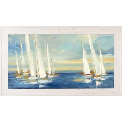 30" x 54" White Sailboats on Dark Blue Sea Gel Print With Whitewashed Frame
