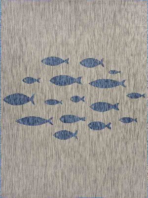 1.10' x 3' Gray and Navy School of Fish Rug