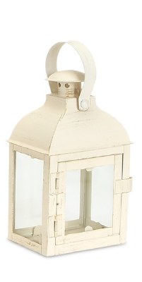11" Distressed White Iron and Glass Rectangular Lantern
