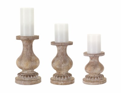 Set of 3 Whitewashed Brown Polyresin Pillar Candleholders