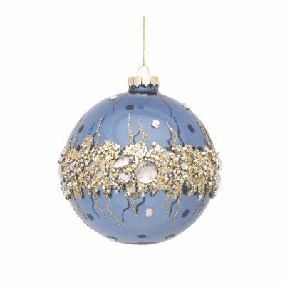 5" Blue Glass Ball Ornament With Silver and Gold Bling
