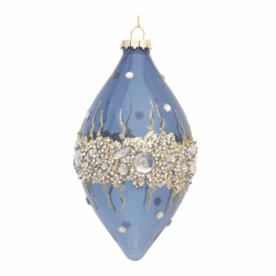 6" Blue Glass Diamond Ornament With Silver and Gold Bling