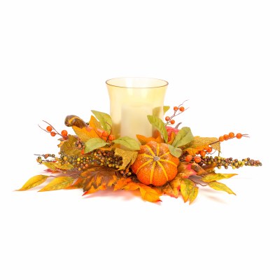 23" Faux Yellow and Orange Pumpkin Gourd and Berries Centerpiece With Glass Hurricane Fall and Thanksgiving Decoration