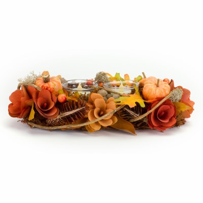 12" Faux Orange and Red Pumpkin and Pinecone Tealight Candleholder Fall and Thanksgiving Decoration