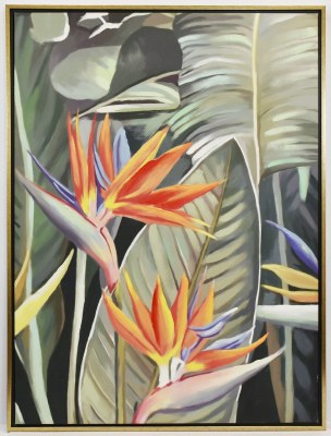 47" x 35" Bird of Paradise Canvas in a Distressed Gold Frame