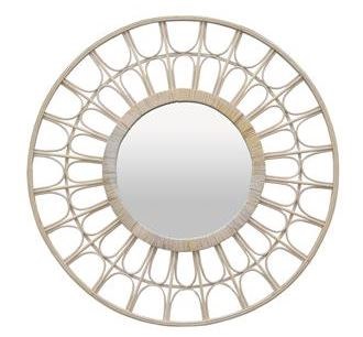34" Round White Wash Rattan Mirror