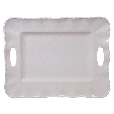 15" x 19" Cream Perlette Scalloped Edge Melamine Tray With Handles