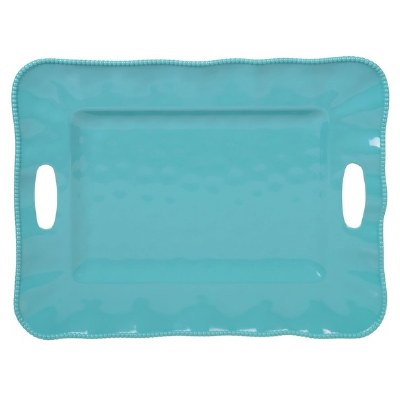 15" x 19" Teal Perlette Scalloped Edge Melamine Tray With Handles