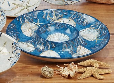 14" Round Blue Playa Shells Ceramic Chip & Dip Bowl