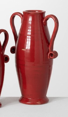 16" Red Ceramic Two Handled Vase