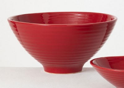 14" Round Red Ceramic Fluted Bowl