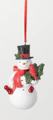 4" Snowman With Bells and Cardinals Polyresin Ornament