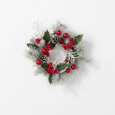 4.5" Opening Faux Flocked Red Berry and Pinecone Pine Candle Ring