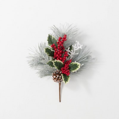 15" Faux Flocked Red Berry and Pinecone Pine Pick