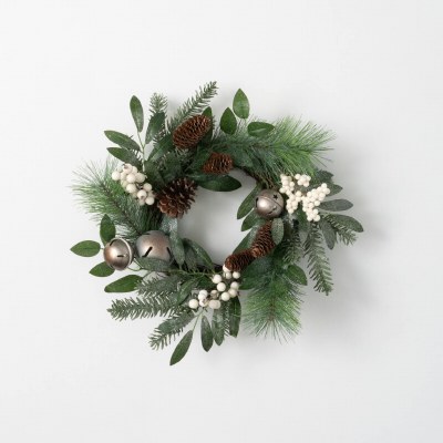6.5" Opening Faux White Berry and Silver Bells Pinecone Pine Candle Ring