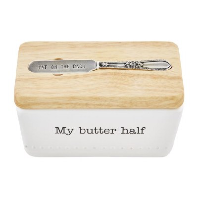 6" White Ceramic My Butter Half Butter Box With Wood Lid and Spreader by Mud Pie