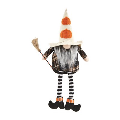 9" White Pumpkin Hat Dangle Leg Witch Gnome With Broom by Mud Pie Halloween Decoration