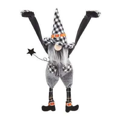15" Black and White Plaid Hat Dangle Arm Boy Gnome With Black Star by Mud Pie Halloween Decoration