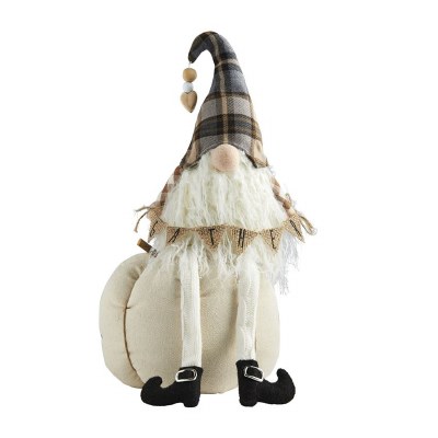 17" Gray Plaid and Cream Gnome on Cream Knit Pumpkin With Burlap Gather Sign by Mud Pie
