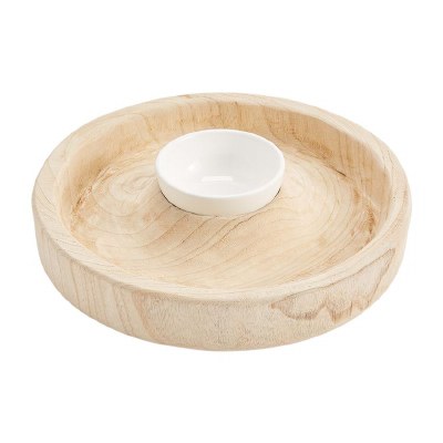 13" Round Natural Wood Chip Server With Removable Ceramic Dip Bowl by Mud Pie