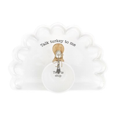 14" White Ceramic Turkey Fan Tray With Removable Dip Bowl and Spoon by Mud Pie Fall and Thanksgiving